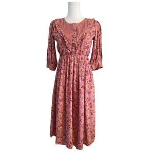 Diya Floral Ruffle Midi Dress – Dusty Pink Boho Cottagecore – Size Large